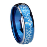 8mm Celtic Cross Dome Blue 2 Tone Tungsten Carbide Mens Bands Ring