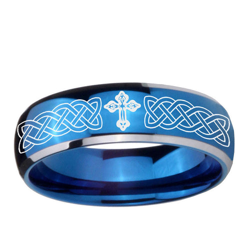 5mm Celtic Cross Dome Blue 2 Tone Tungsten Mens Bands Ring