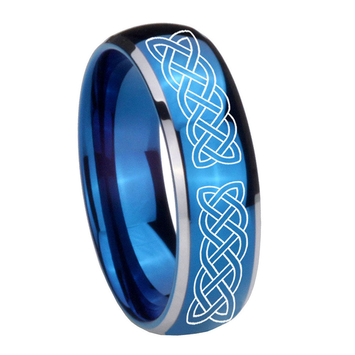 8mm Celtic Knot Dome Blue 2 Tone Tungsten Ring Personalized