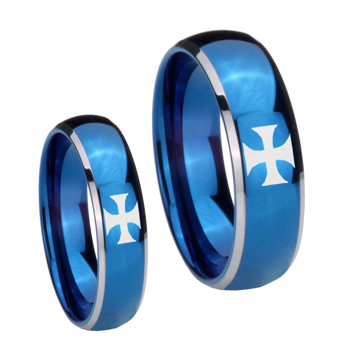 Maltese Cross Dome Blue 2 Tone Tungsten Mens Set Ring