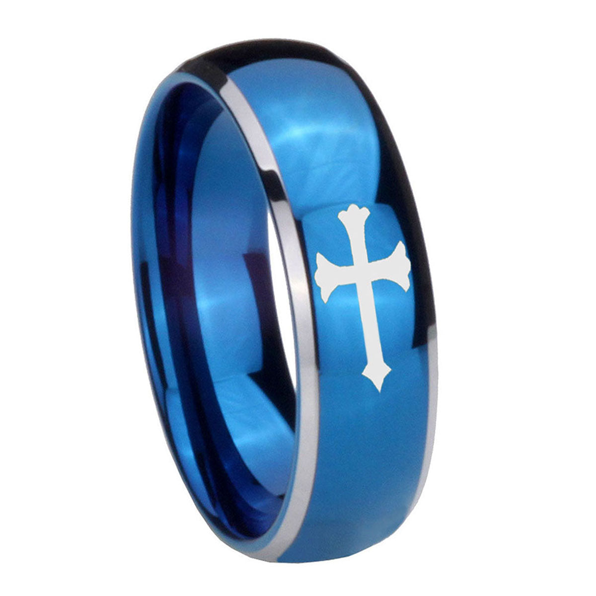 8mm Christian Cross Dome Blue 2 Tone Tungsten Engraved Ring