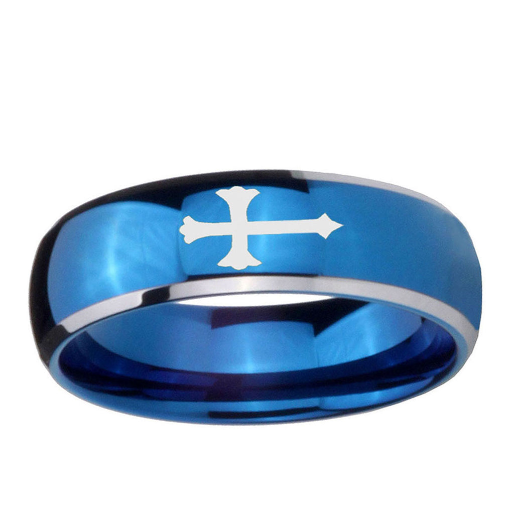 5mm Christian Cross Dome Blue 2 Tone Tungsten Engraved Ring