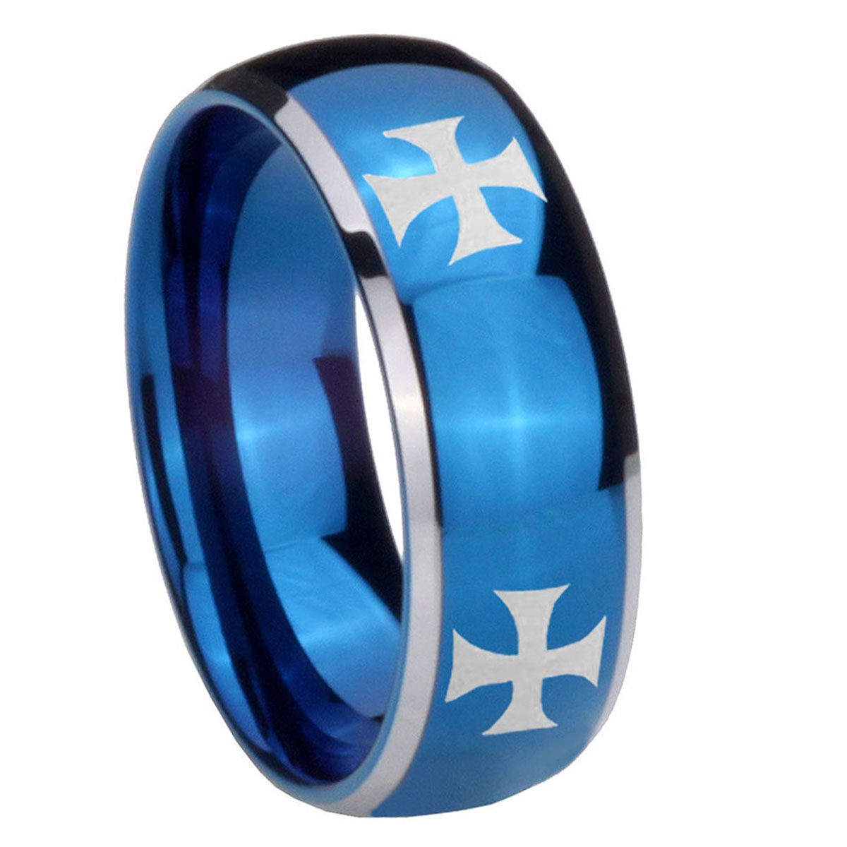8mm 4 Maltese Cross Dome Blue 2 Tone Tungsten Promise Ring