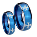 4 Maltese Cross Dome Blue 2 Tone Tungsten Mens Set Rings