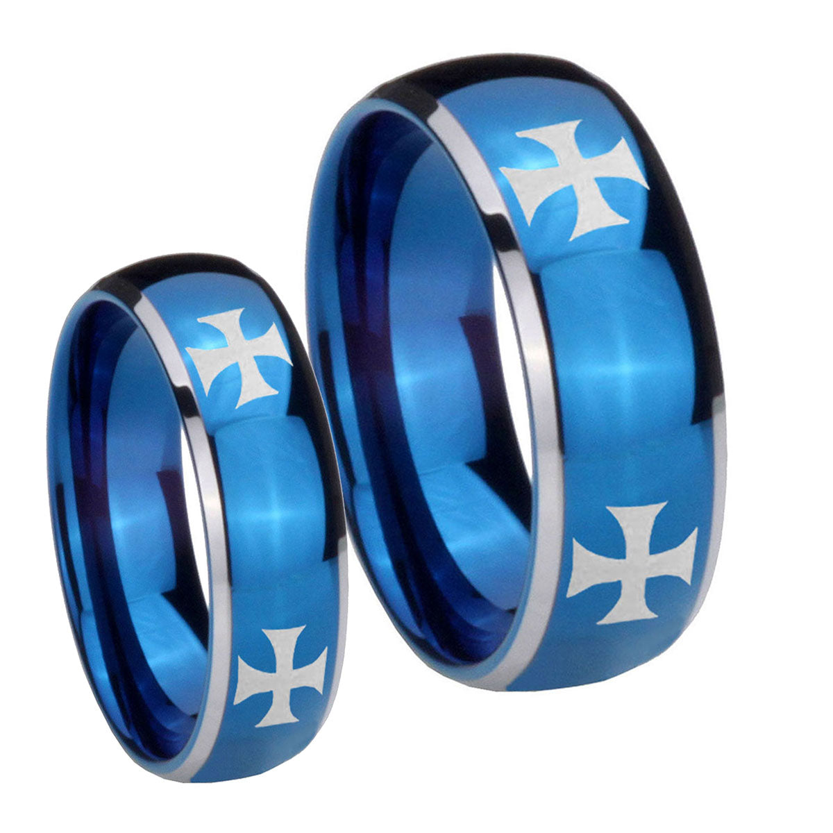 4 Maltese Cross Dome Blue 2 Tone Tungsten Mens Set Rings