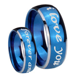 His Hers I Love You Forever and ever Dome Blue 2 Tone Tungsten Mens Ring Set