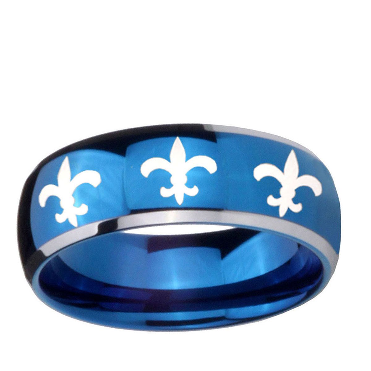 5mm Multiple Fleur-De-Lis Dome Blue 2 Tone Tungsten Ring