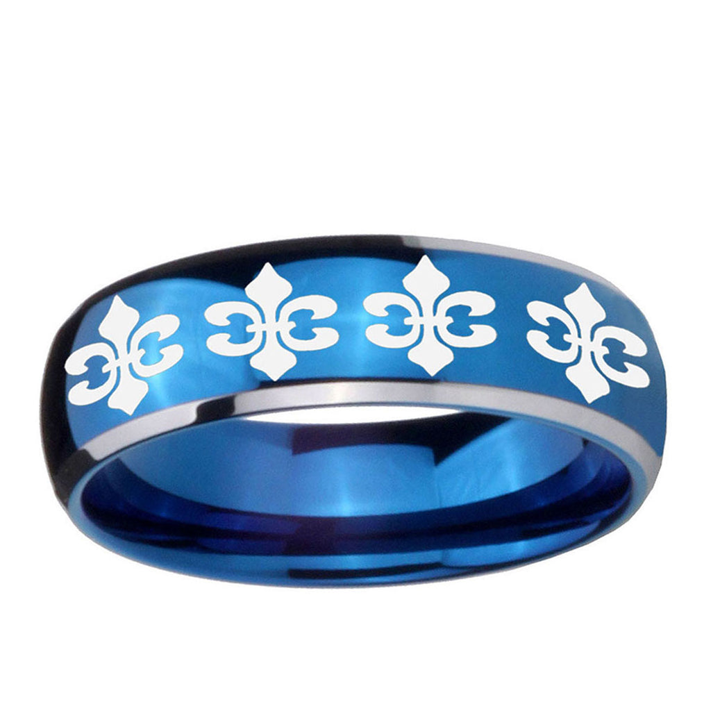 5mm Multiple Fleur-De-Lis Dome Blue 2 Tone Tungsten Ring