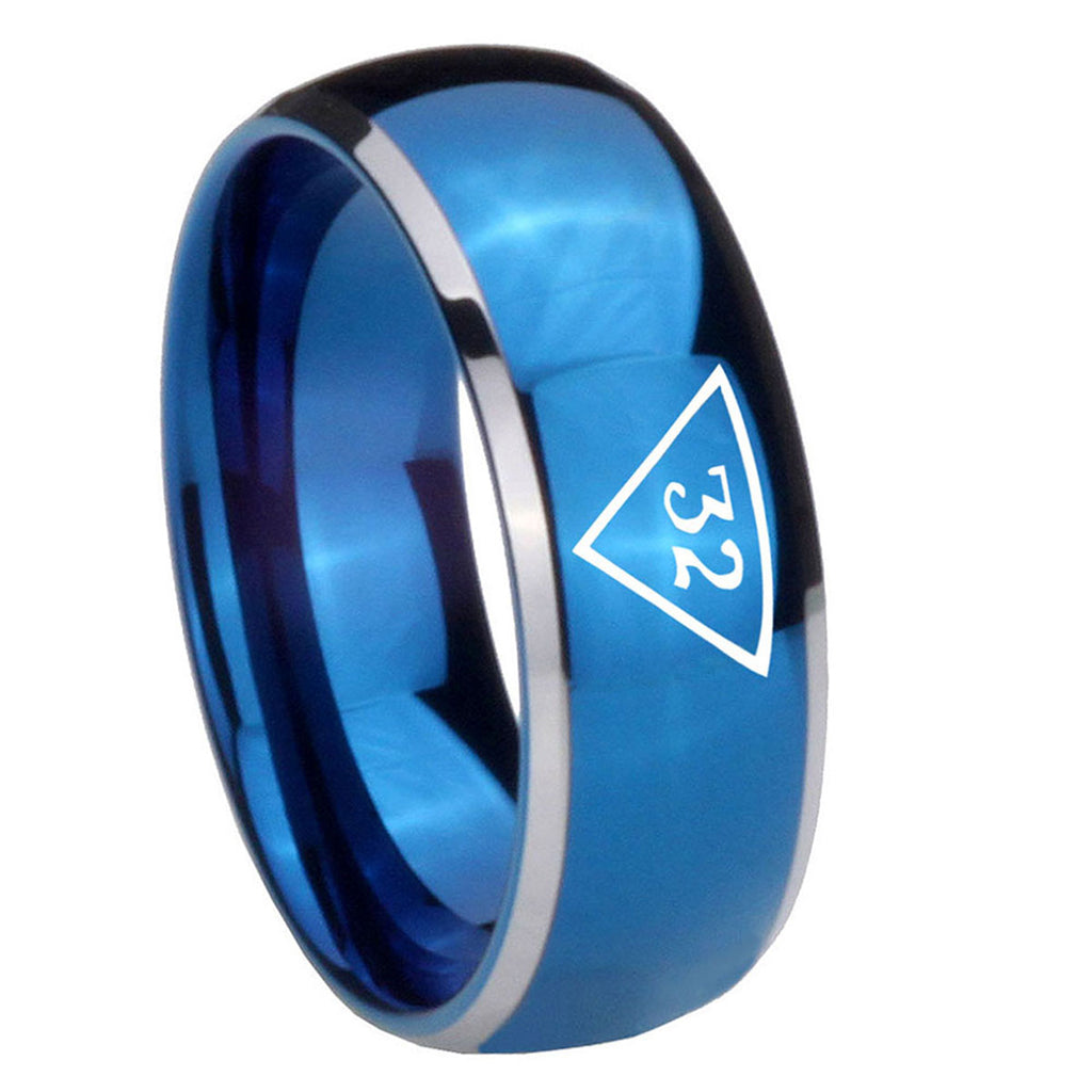 8mm Masonic 32 Triangle Freemason Dome Blue 2 Tone Tungsten Ring