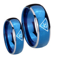 Masonic 32 Triangle Freemason Dome Blue 2 Tone Tungsten Bridal Band Set