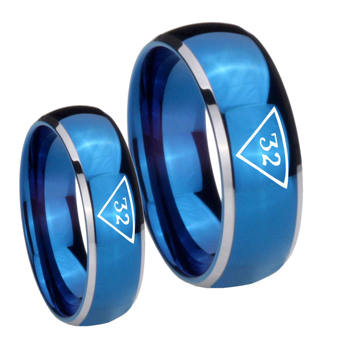 Masonic 32 Triangle Freemason Dome Blue 2 Tone Tungsten Bridal Band Set