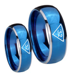 Bride and Groom Masonic 32 Triangle Freemason Dome Blue 2 Tone Tungsten Carbide Promise Ring Set