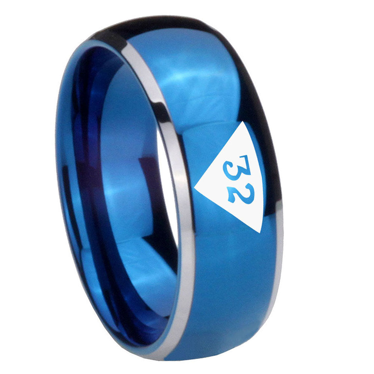 8mm Masonic 32 Triangle Design Freemason Dome Blue 2 Tone Tungsten Ring