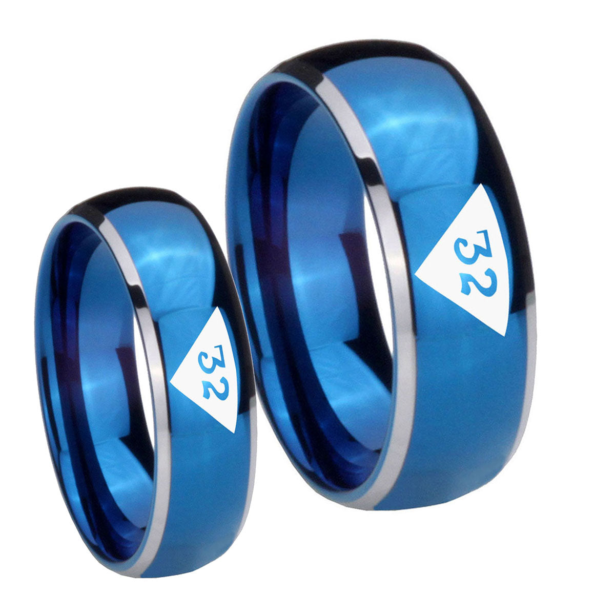 Masonic 32 Triangle Design Freemason Dome Blue 2 Tone Tungsten Couple Wedding Rings
