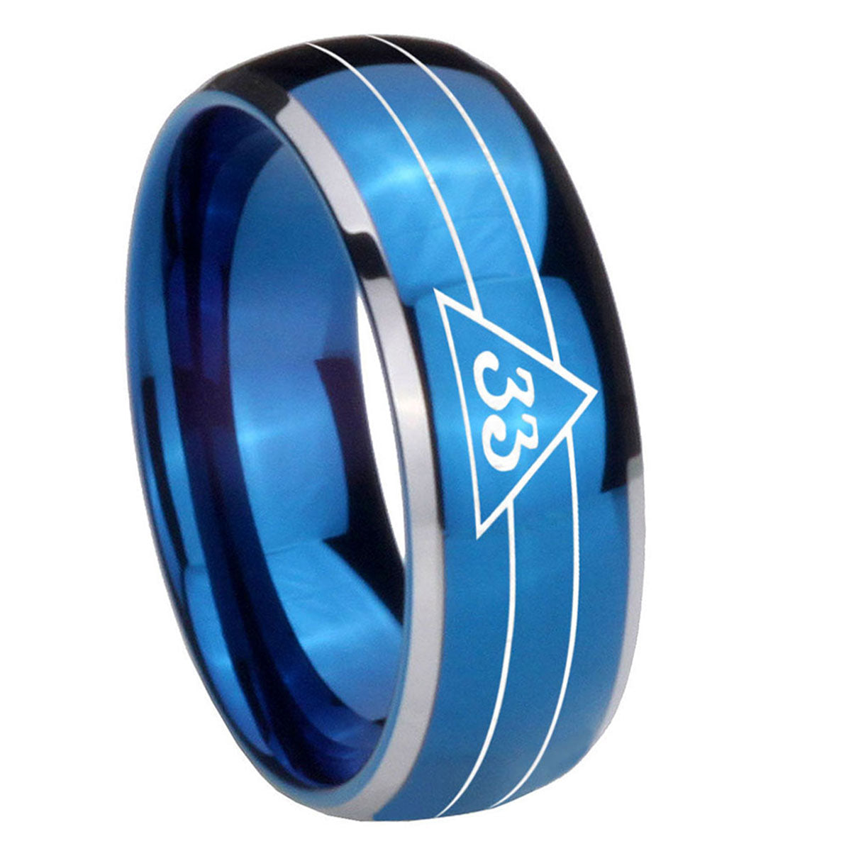 8mm Masonic 32 Duo Line Freemason Dome Blue 2 Tone Tungsten Ring