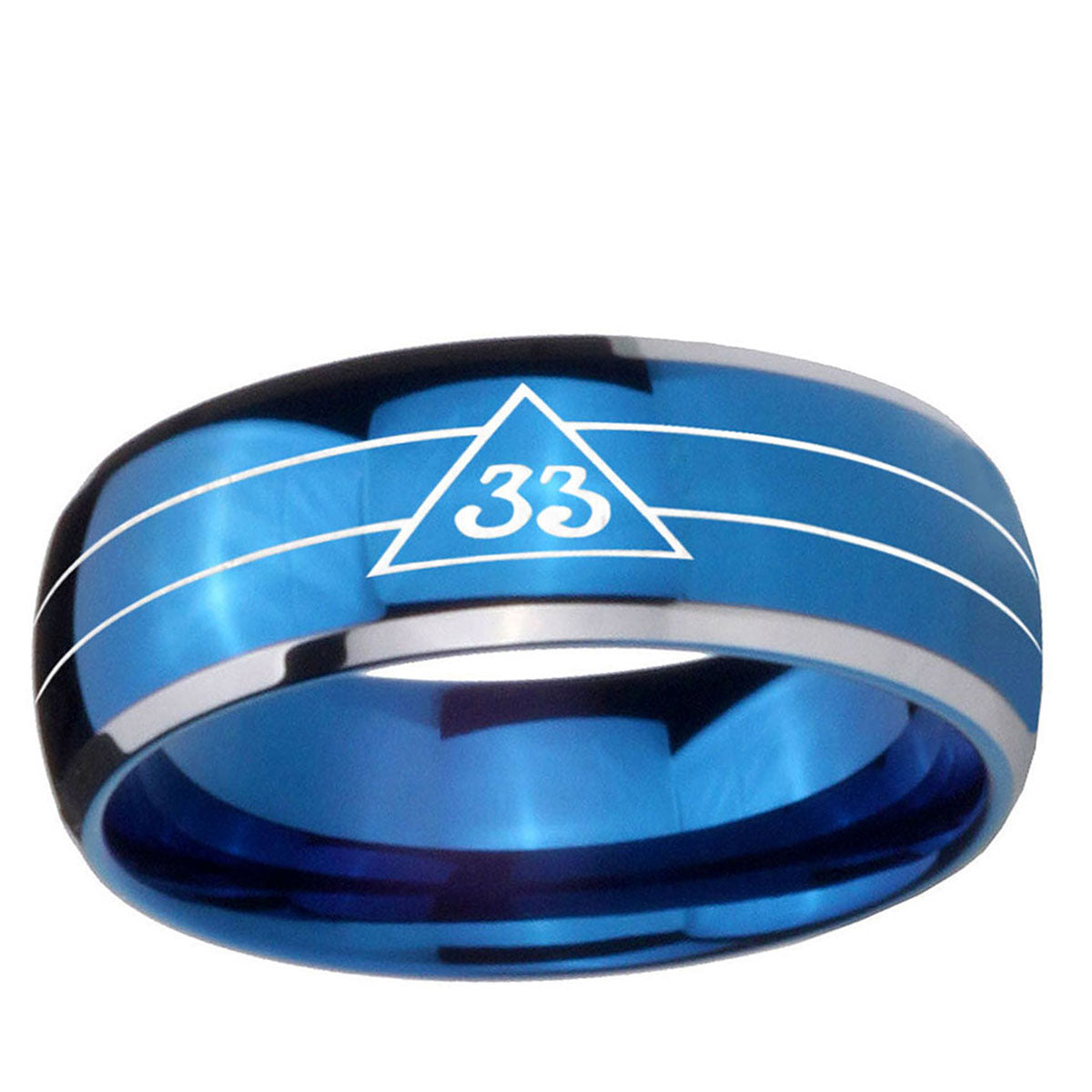 5mm Masonic 32 Duo Line Freemason Dome Blue 2 Tone Tungsten Ring