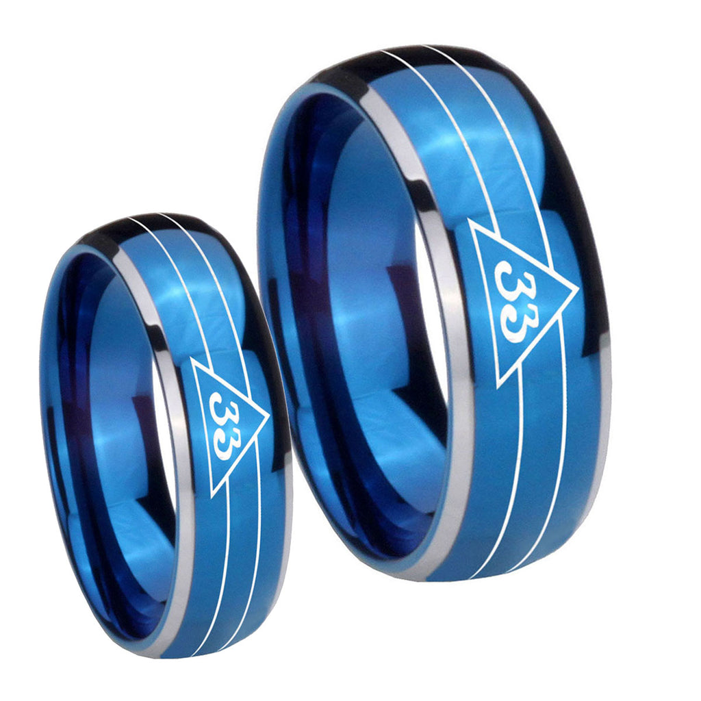 Masonic 32 Duo Line Freemason Dome Blue 2 Tone Tungsten Bridal Ring Set