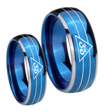 Bride and Groom Masonic 32 Duo Line Freemason Dome Blue 2 Tone Tungsten Carbide Promise Ring Set