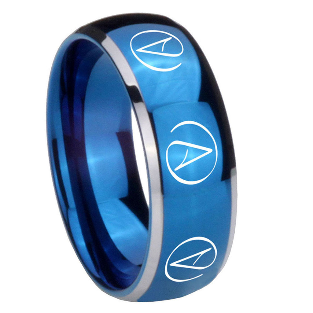 8mm Atheist Design Dome Blue 2 Tone Tungsten Mens Ring