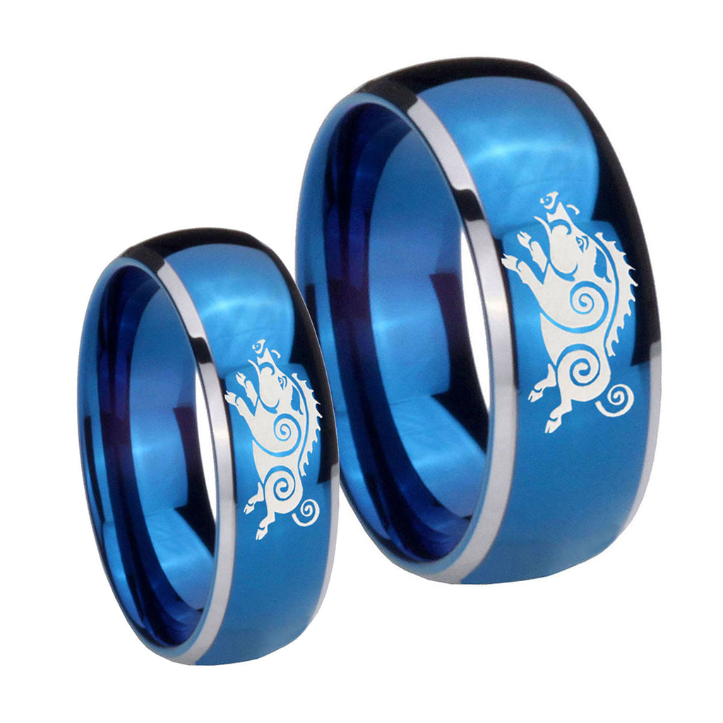 Wild Boar Dome Blue 2 Tone Tungsten Wedding Set Ring
