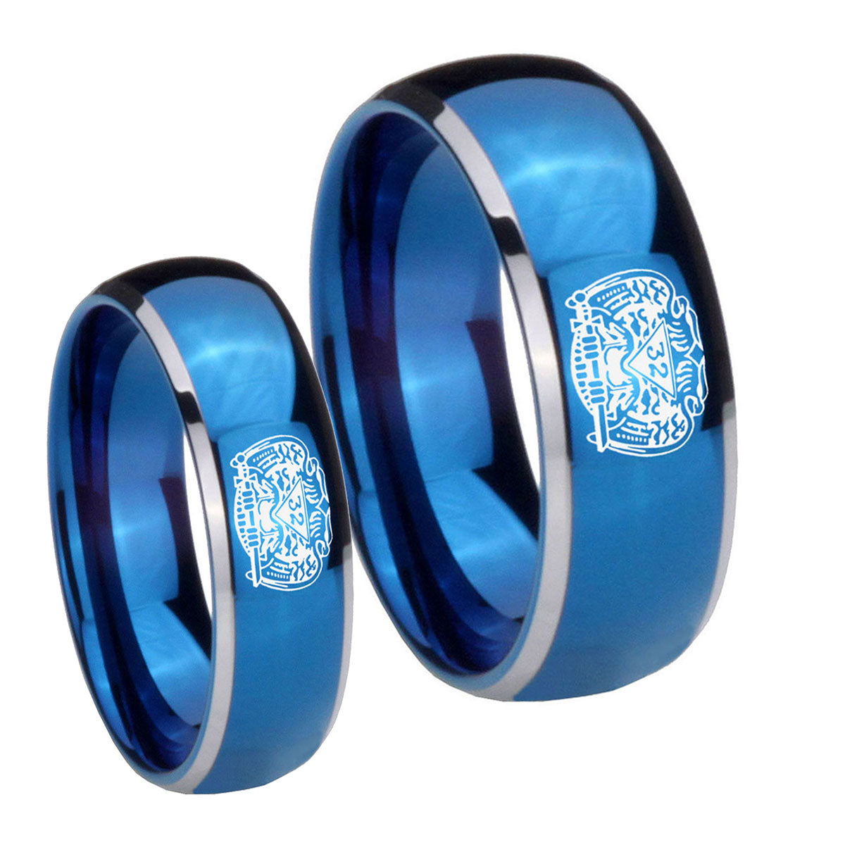 Masonic 32 Degree Freemason Dome Blue 2 Tone Tungsten Bridal Set Ring