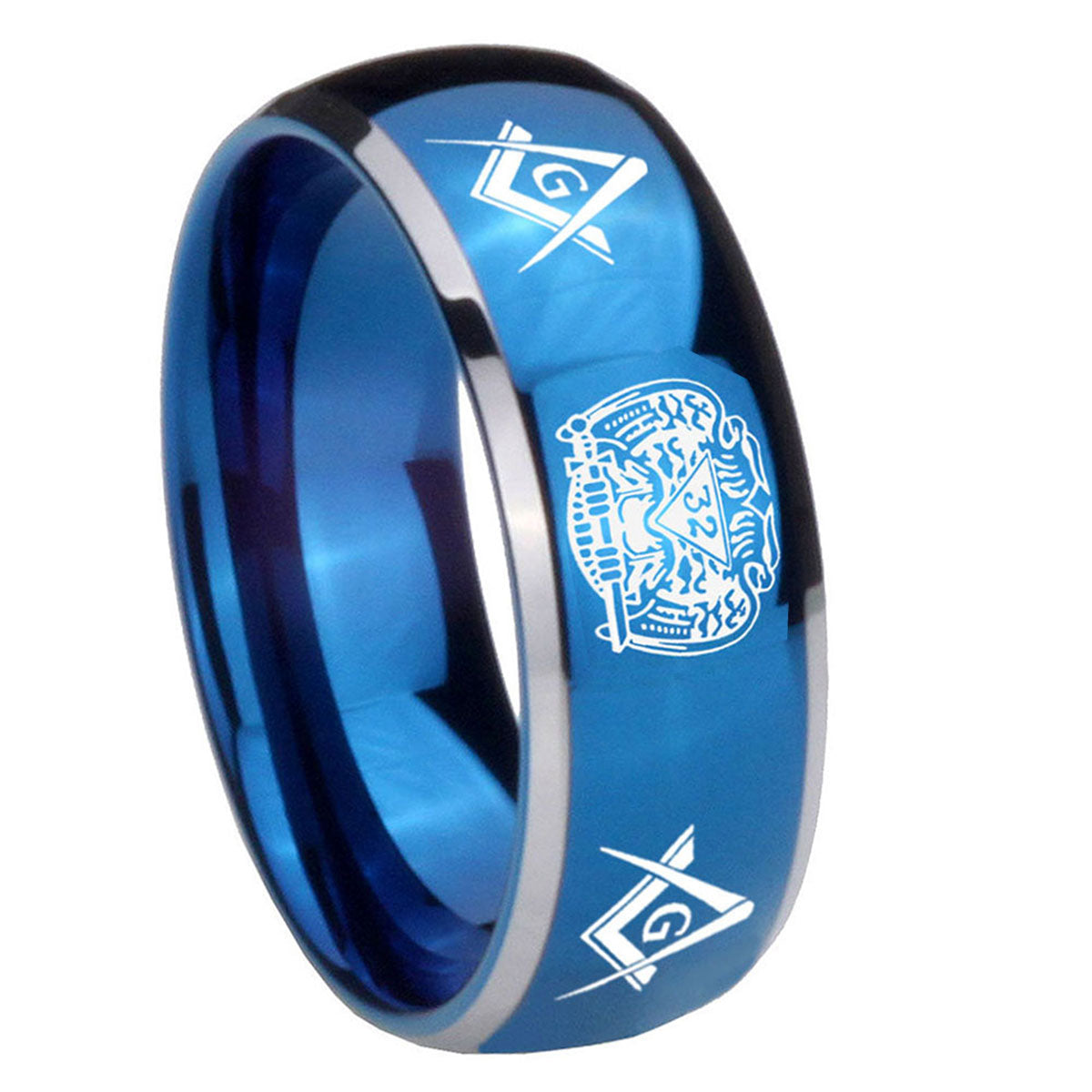 8mm Masonic 32 Design Dome Blue 2 Tone Tungsten Mens Ring