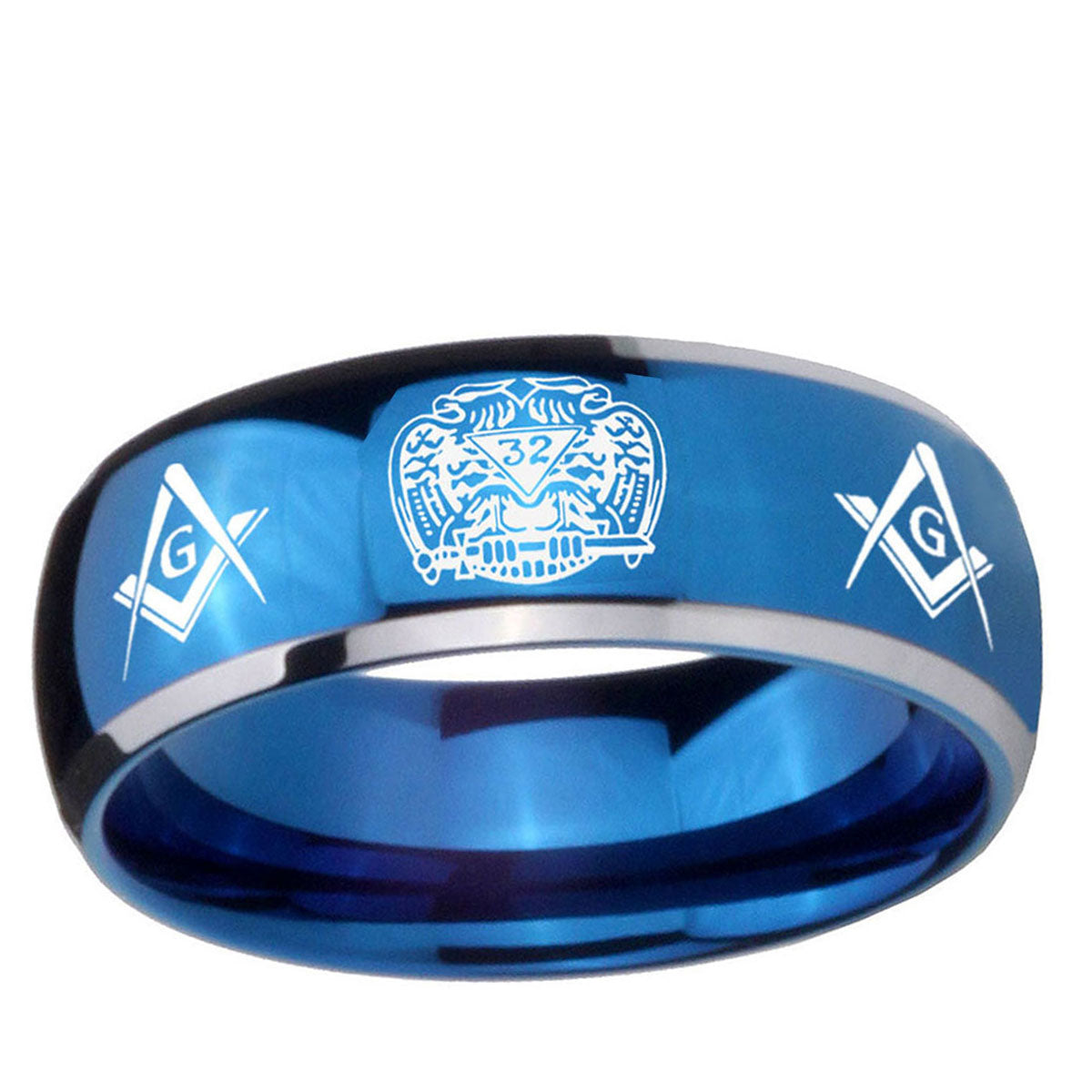 5mm Masonic 32 Design Dome Blue 2 Tone Tungsten Mens Ring