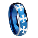 8mm Multiple Maltese Cross Dome Blue 2 Tone Tungsten Carbide Mens Wedding Ring