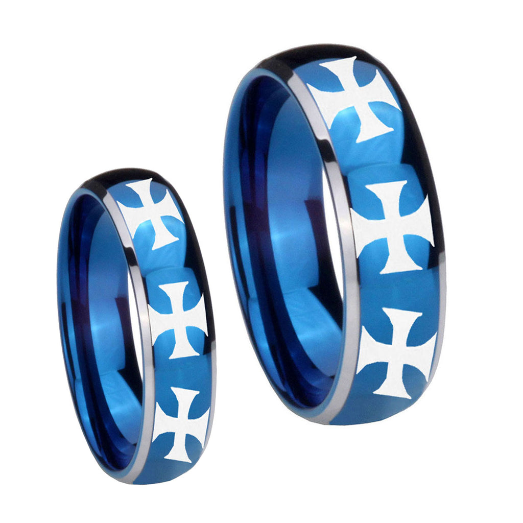 Multiple Maltese Cross Dome Blue 2 Tone Tungsten Couple Wedding Bands