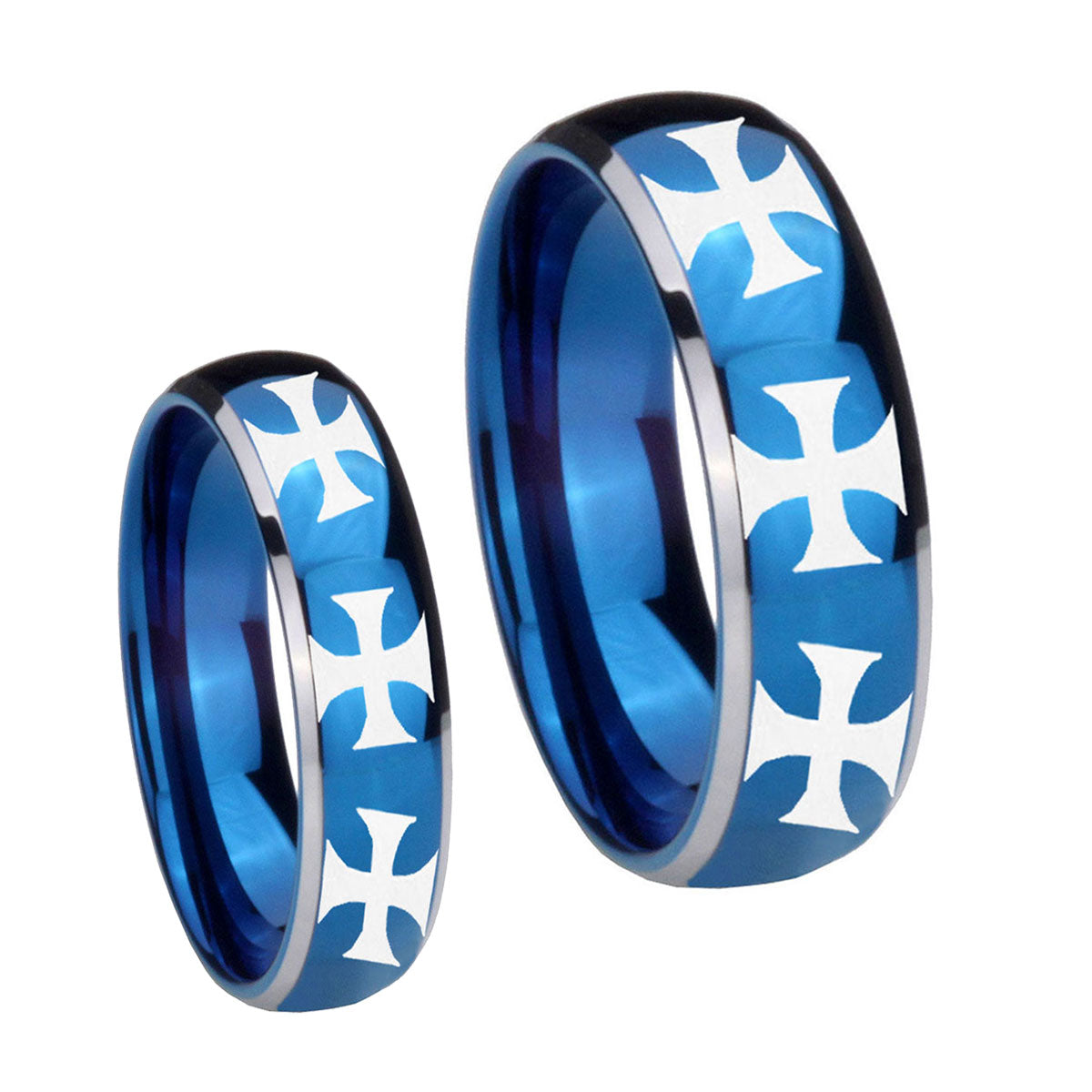 Multiple Maltese Cross Dome Blue 2 Tone Tungsten Couple Wedding Bands