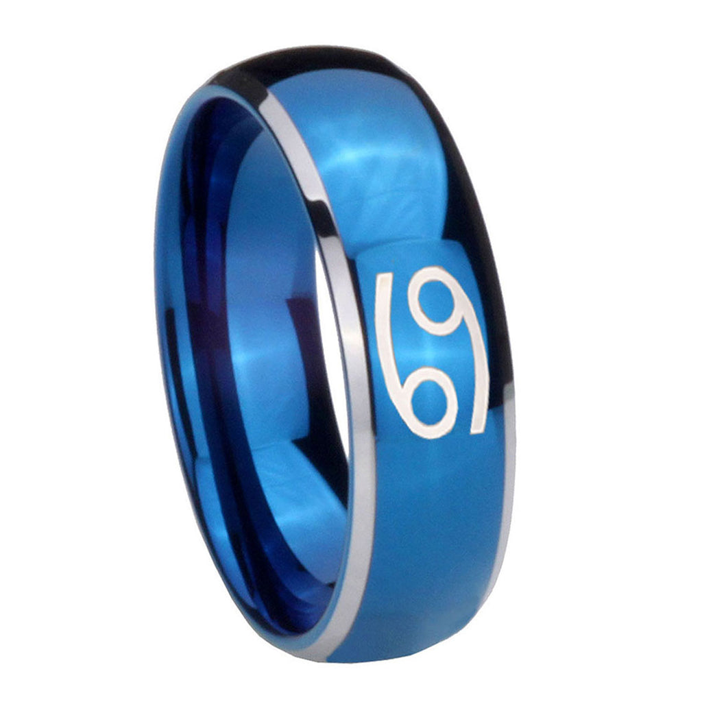 8mm Cancer Horoscope Dome Blue 2 Tone Tungsten Mens Ring