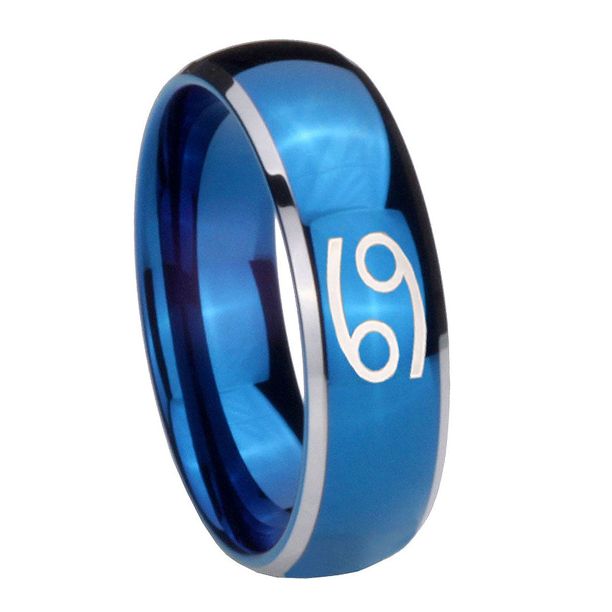 8mm Cancer Horoscope Dome Blue 2 Tone Tungsten Mens Ring