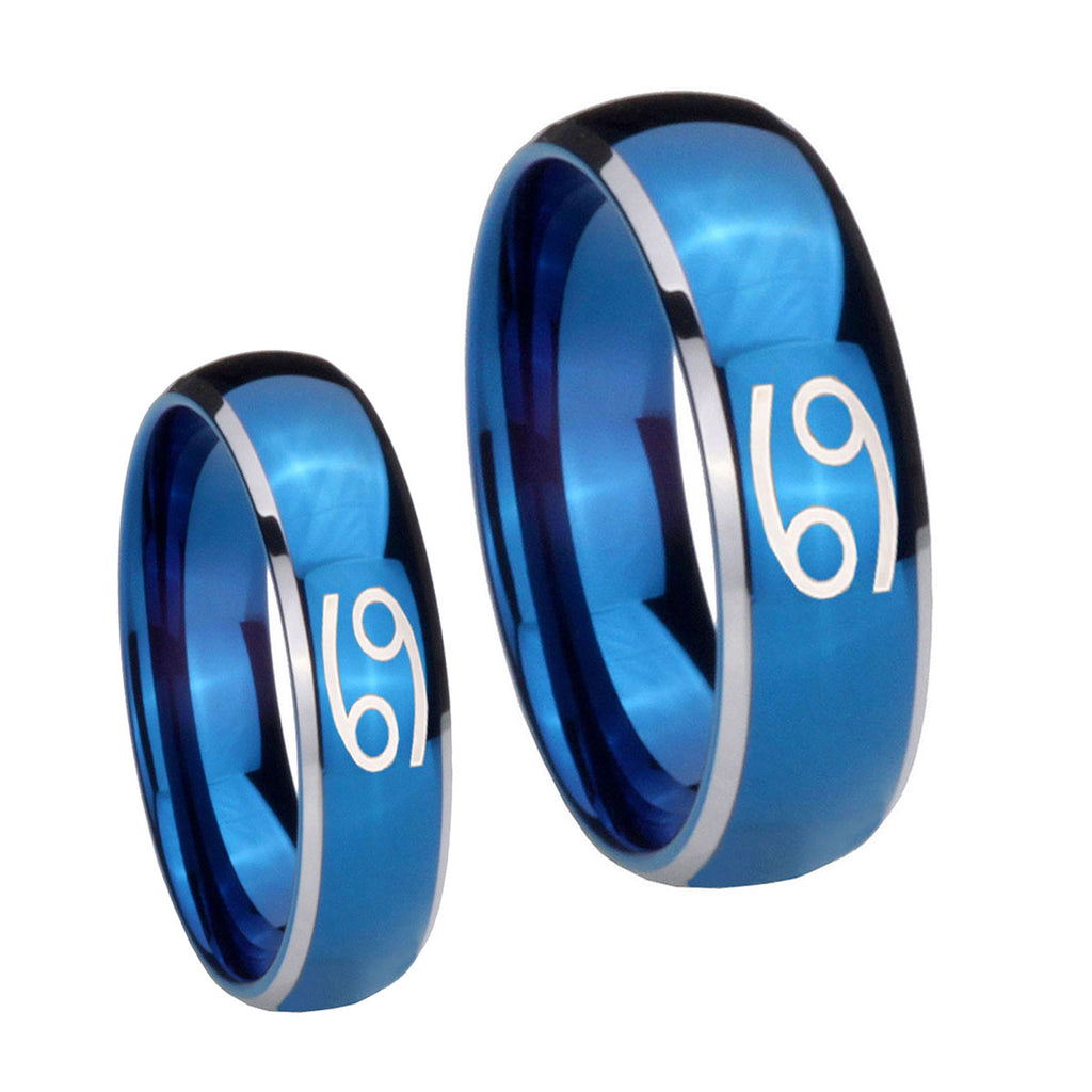 Cancer Horoscope Dome Blue 2 Tone Tungsten Promise Ring Set