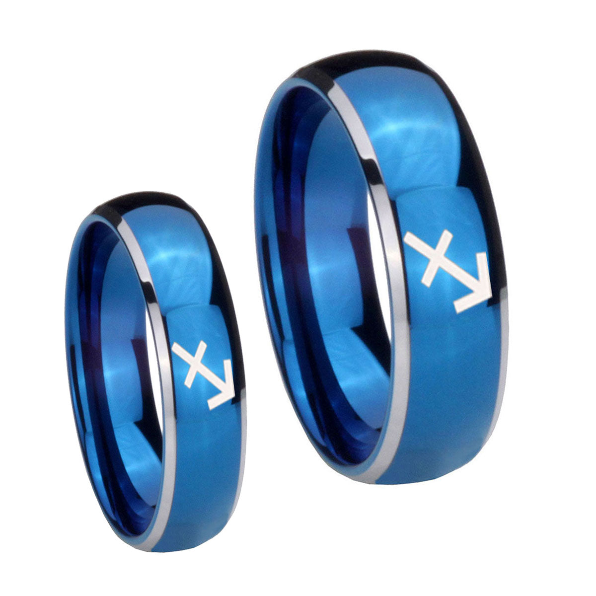 Sagittarius Zodiac Dome Blue 2 Tone Tungsten His Hers Ring Set