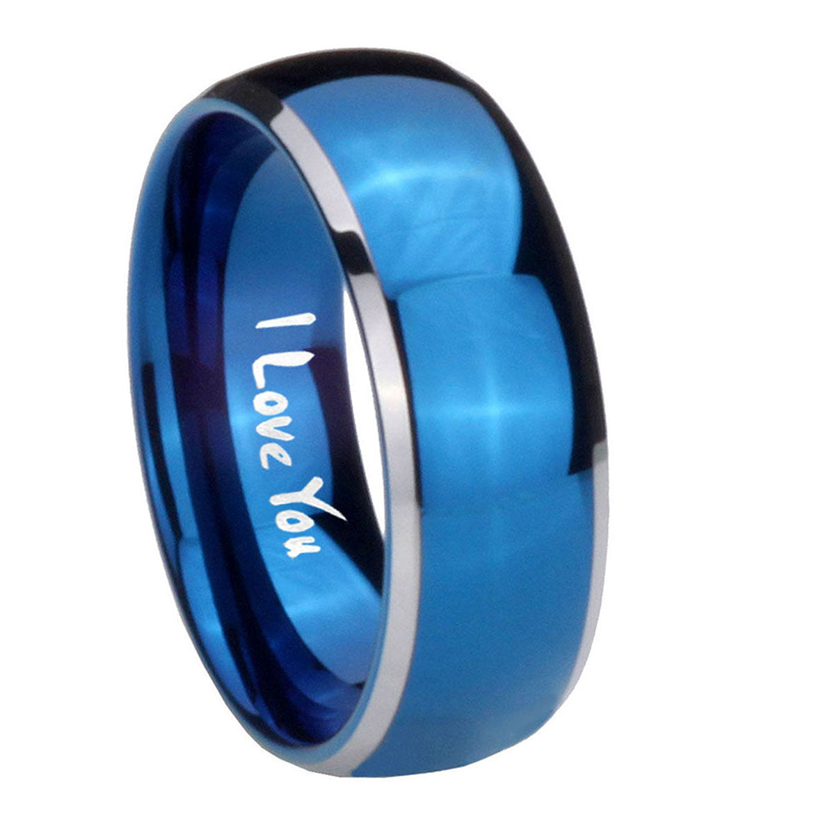 8mm I Love You Dome Blue 2 Tone Tungsten Men's Bands Ring