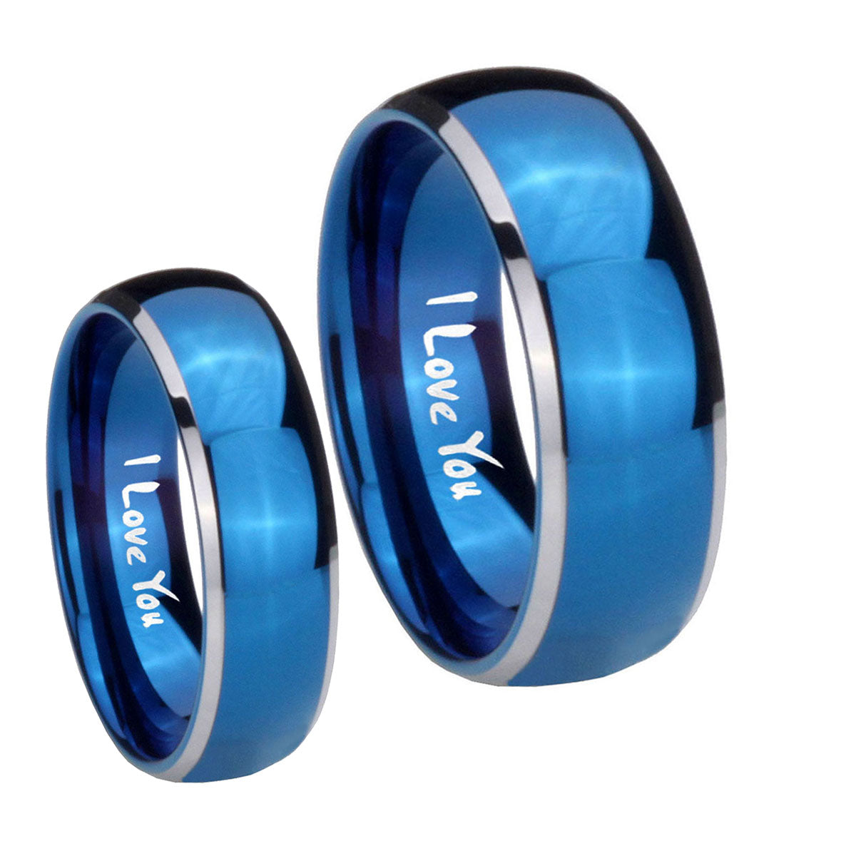 I Love You Dome Blue 2 Tone Tungsten Matching Ring Set