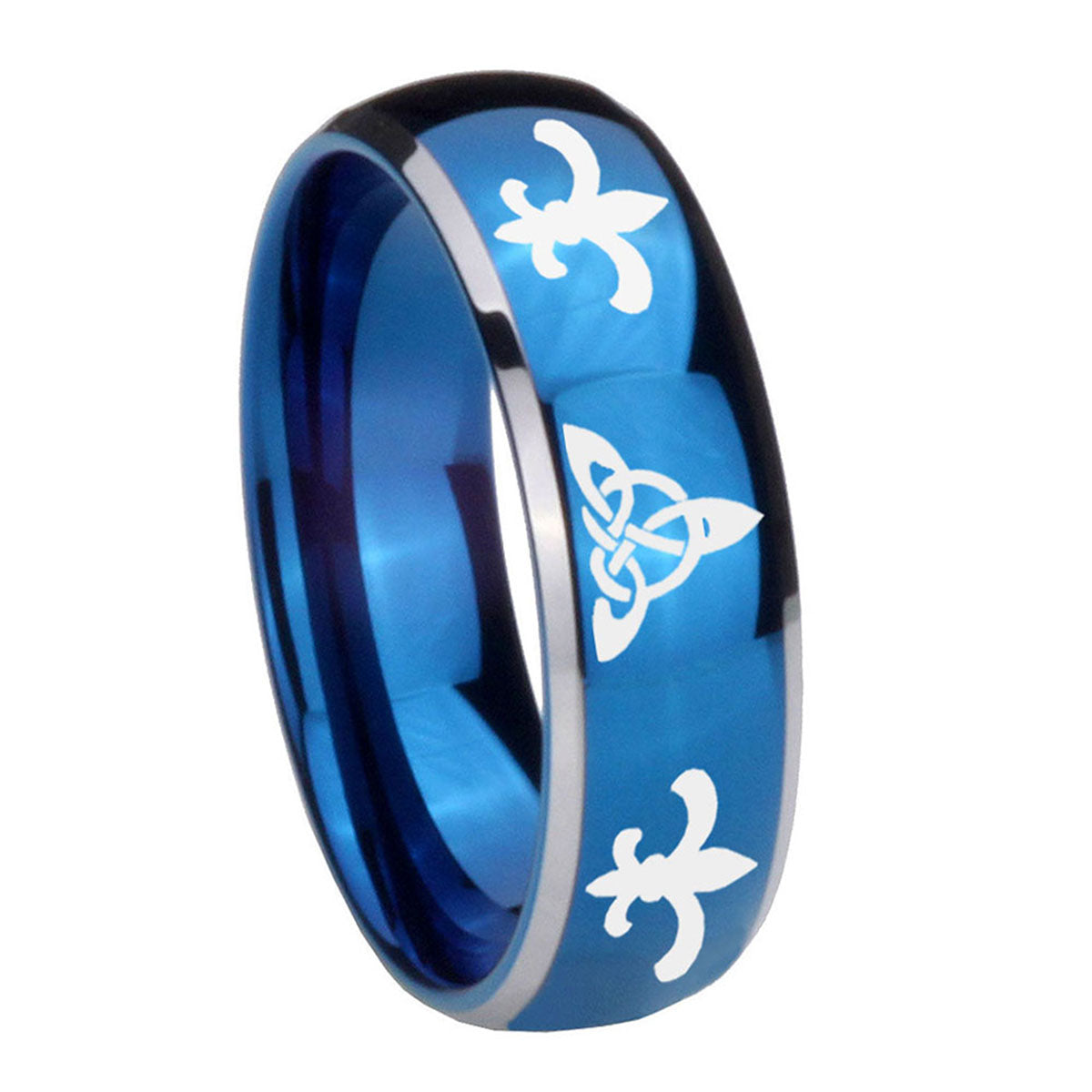 8mm Celtic Triangle Fleur-De-Lis Dome Blue 2 Tone Tungsten Ring