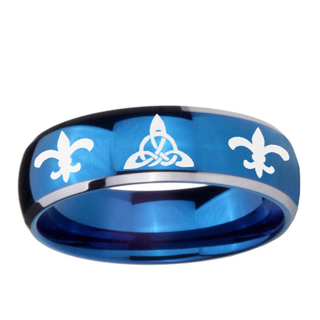 5mm Celtic Triangle Fleur-De-Lis Dome Blue 2 Tone Tungsten Ring