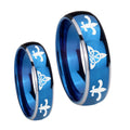 Celtic Triangle Fleur De Lis Dome Blue 2 Tone Tungsten Engagement Ring Set