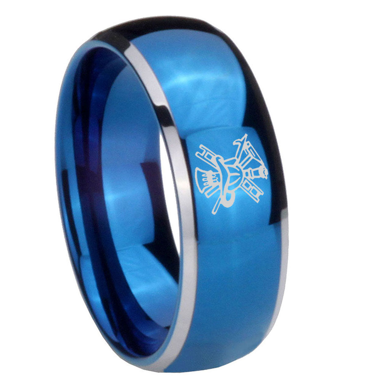 8mm Fireman Dome Blue 2 Tone Tungsten Mens Bands Ring