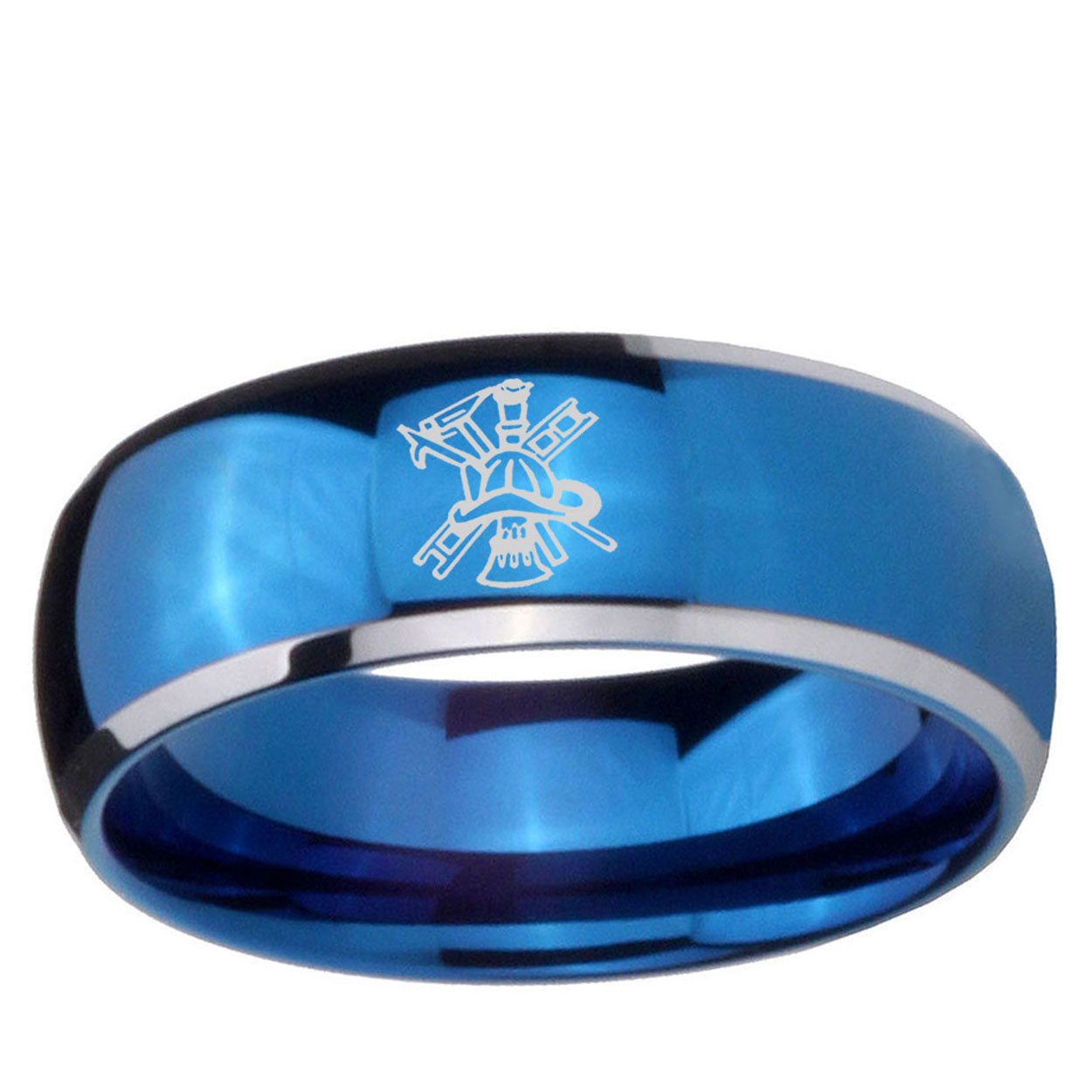 5mm Fireman Dome Blue 2 Tone Tungsten Mens Bands Ring