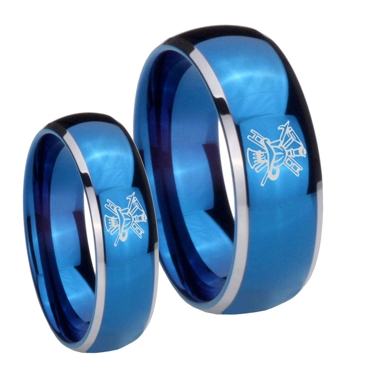 Fireman Dome Blue 2 Tone Tungsten Couple Wedding Bands