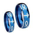 Fish & Cross Dome Blue 2 Tone Tungsten Engagement Ring Set