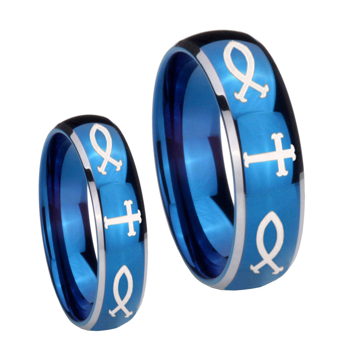Fish & Cross Dome Blue 2 Tone Tungsten Engagement Ring Set