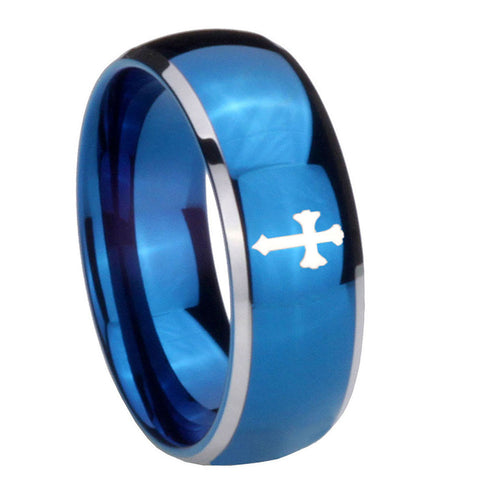 8mm Flat Christian Cross Dome Blue 2 Tone Tungsten Ring