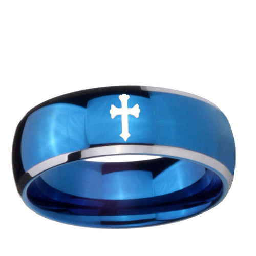 5mm Flat Christian Cross Dome Blue 2 Tone Tungsten Ring