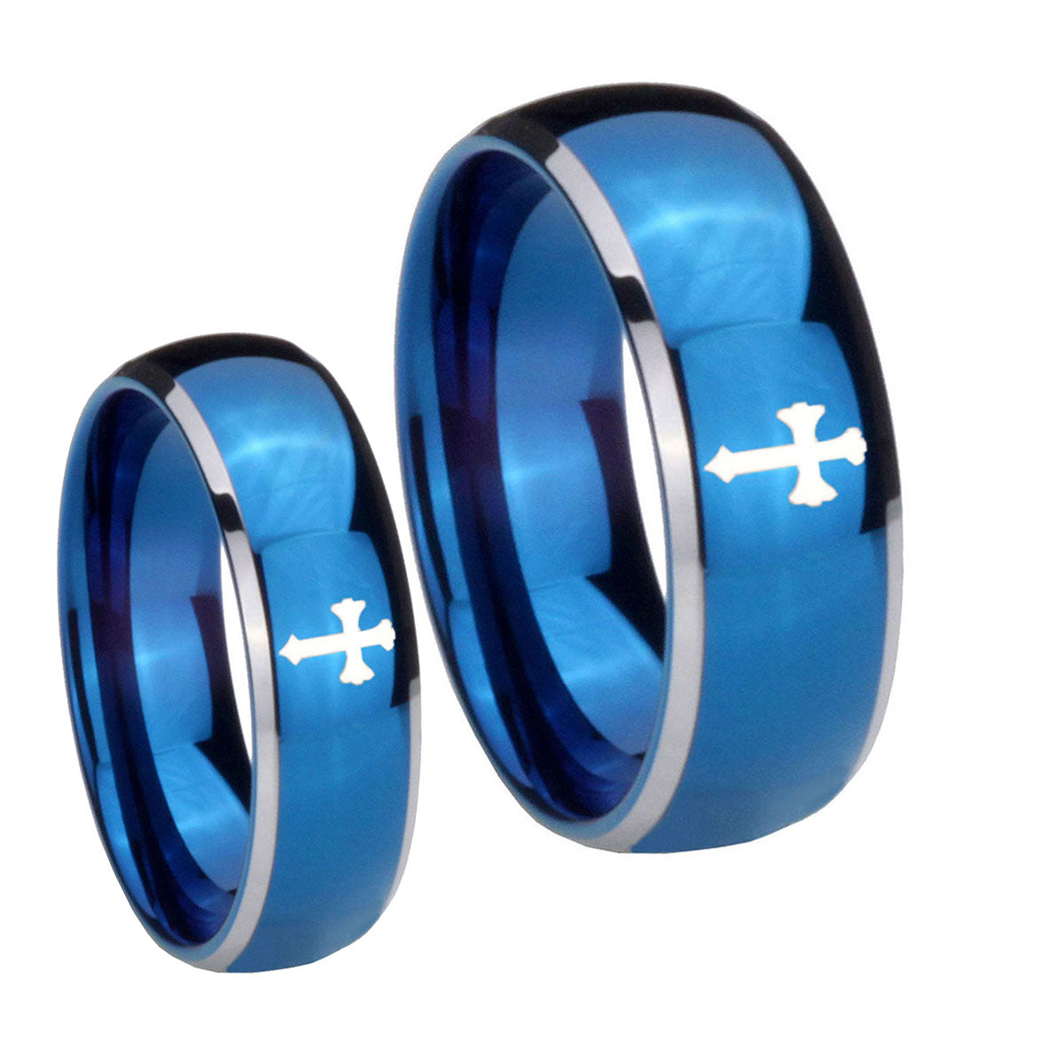 Flat Christian Cross Dome Blue 2 Tone Tungsten Mens Ring Set