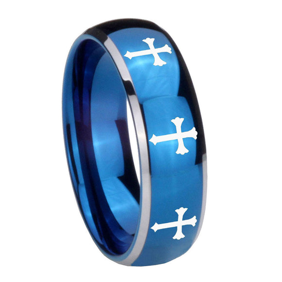 8mm-Multiple-Christian-Cross-Dome-Blue-2-Tone-Tungsten-Men's-Wedding-Ring