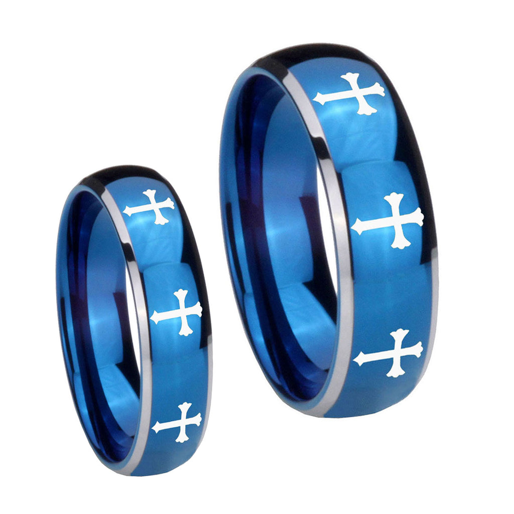 Multiple Christian Cross Dome Blue 2 Tone Tungsten Mens Set Rings