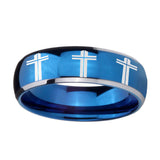 8mm-Multiple-Christian-Cross-Dome-Blue-2-Tone-Tungsten-Men's-Engagement-Band